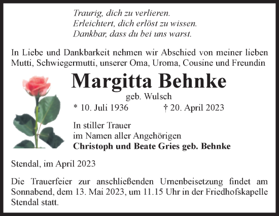 Traueranzeige von Margitta Behnke von Volksstimme Altmark Ost