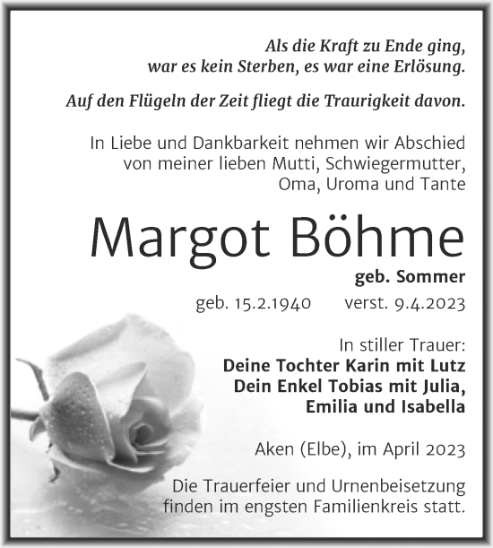 Traueranzeige von Margot Böhme von Trauerkombi Köthen