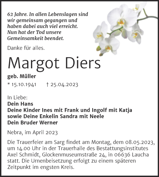 Traueranzeige von Margot Diers von Naumburger Tageblatt