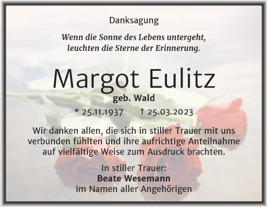 Traueranzeige von Margot Eulitz von Trauerkombi Mansfelder Land