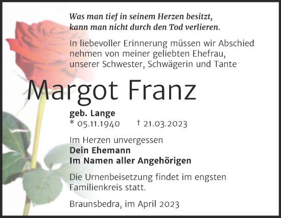 Traueranzeige von Margot Franz von Trauerkombi Merseburg