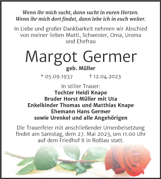 Traueranzeige von Margot Germer von Trauerkombi Dessau