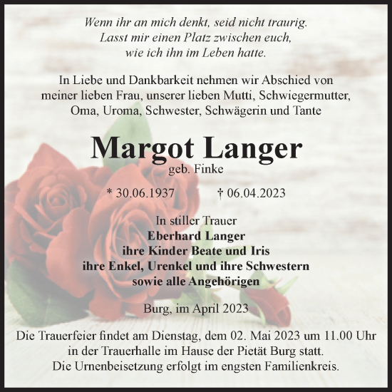 Traueranzeige von Margot Langer von Volksstimme Burg/Genthin