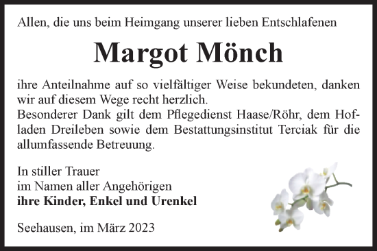 Traueranzeige von Margot Mönch von Volksstimme Oschersleben/Wanzleben