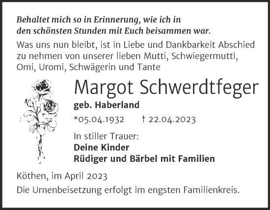 Traueranzeige von Margot Schwerdtfeger von Trauerkombi Köthen