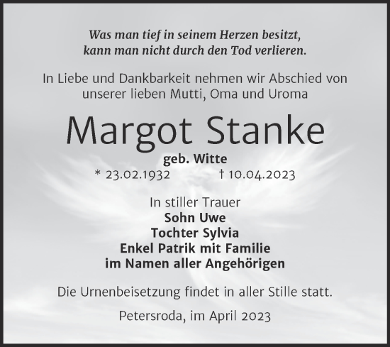 Traueranzeige von Margot Stanke von Trauerkombi Bitterfeld