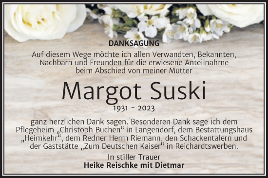 Traueranzeige von Margot Suski von Trauerkombi Weißenfels