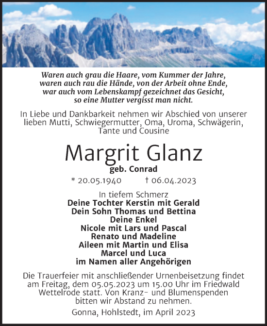 Traueranzeige von Margrit Glanz von Trauerkombi Sangerhausen
