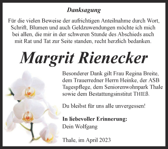 Traueranzeige von Margrit Rienecker von Trauerkombi Quedlinburg
