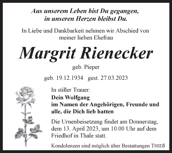 Traueranzeige von Margrit Rienecker von Trauerkombi Quedlinburg