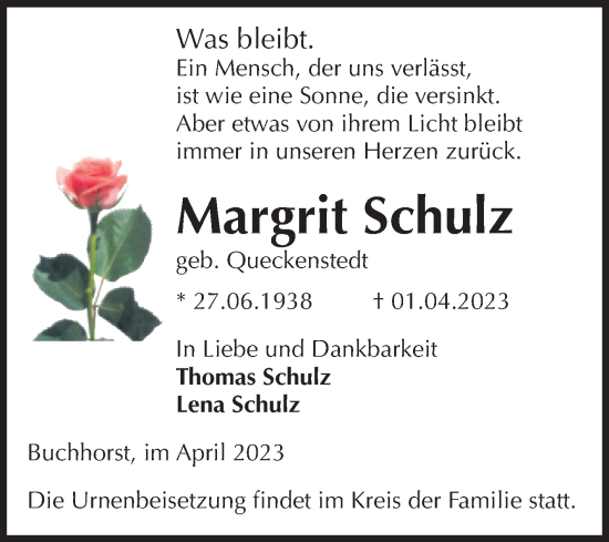 Traueranzeige von Margrit Schulz von Volksstimme Altmark West