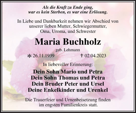 Traueranzeige von Maria Buchholz von Trauerkombi Dessau