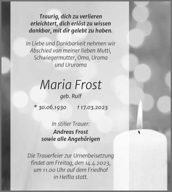 Traueranzeige von Maria Frost von Trauerkombi Mansfelder Land