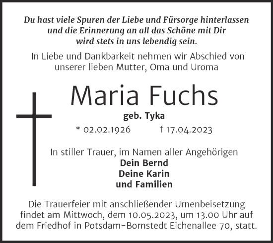 Traueranzeige von Maria Fuchs von Trauerkombi Quedlinburg