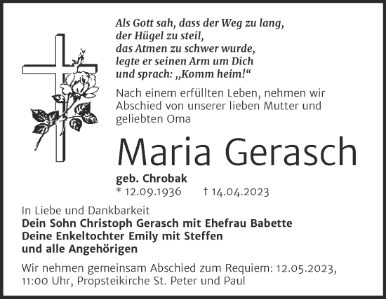Traueranzeige von Maria Gerasch von Trauerkombi Dessau