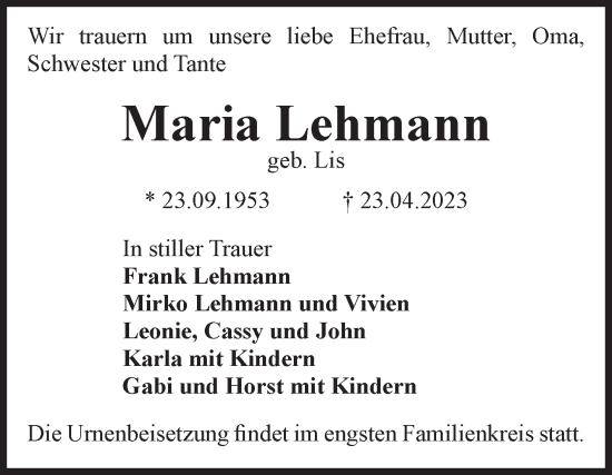 Traueranzeige von Maria Lehmann von Volksstimme Oschersleben/Wanzleben