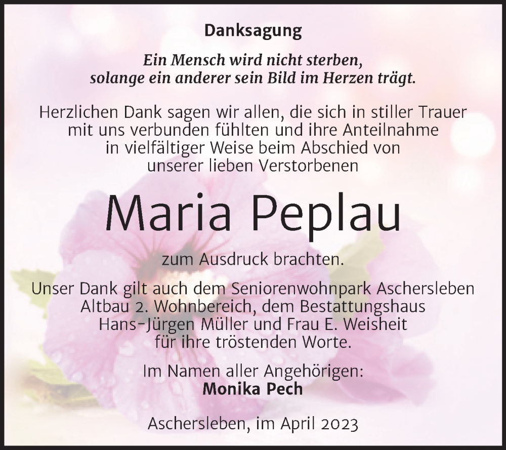  Traueranzeige für Maria Peplau vom 21.04.2023 aus Trauerkombi Aschersleben