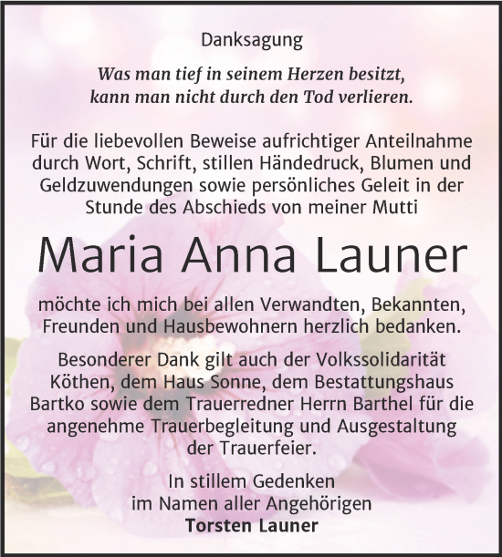 Traueranzeige von Maria Anna Launer von Trauerkombi Köthen