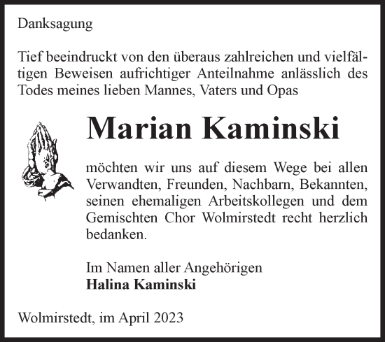Traueranzeige von Marian Kaminski von Volksstimme Haldensleben/Wolmirstedt