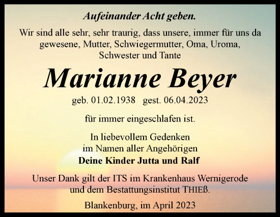Traueranzeige von Marianne Beyer von Volksstimme Wernigerode