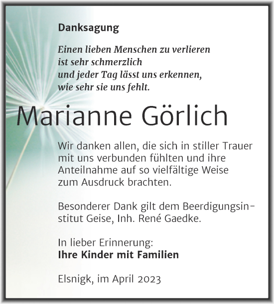 Traueranzeige von Marianne Görlich von Trauerkombi Köthen