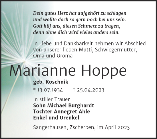 Traueranzeige von Marianne Hoppe von Mitteldeutsche Zeitung Sangerhausen