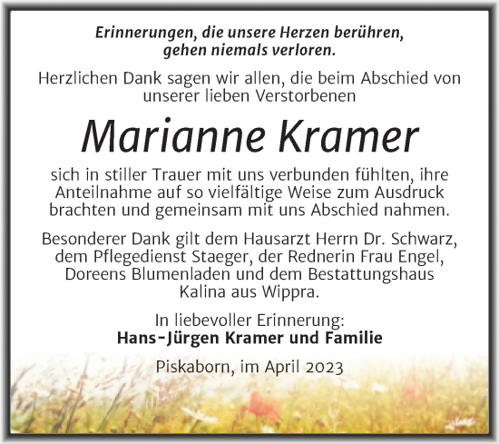 Traueranzeige von Marianne Kramer von Trauerkombi Mansfelder Land