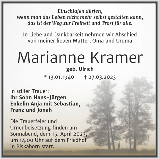 Traueranzeige von Marianne Kramer von Trauerkombi Mansfelder Land