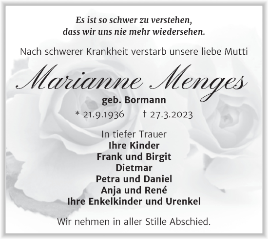 Traueranzeige von Marianne Menges von Trauerkombi Weißenfels
