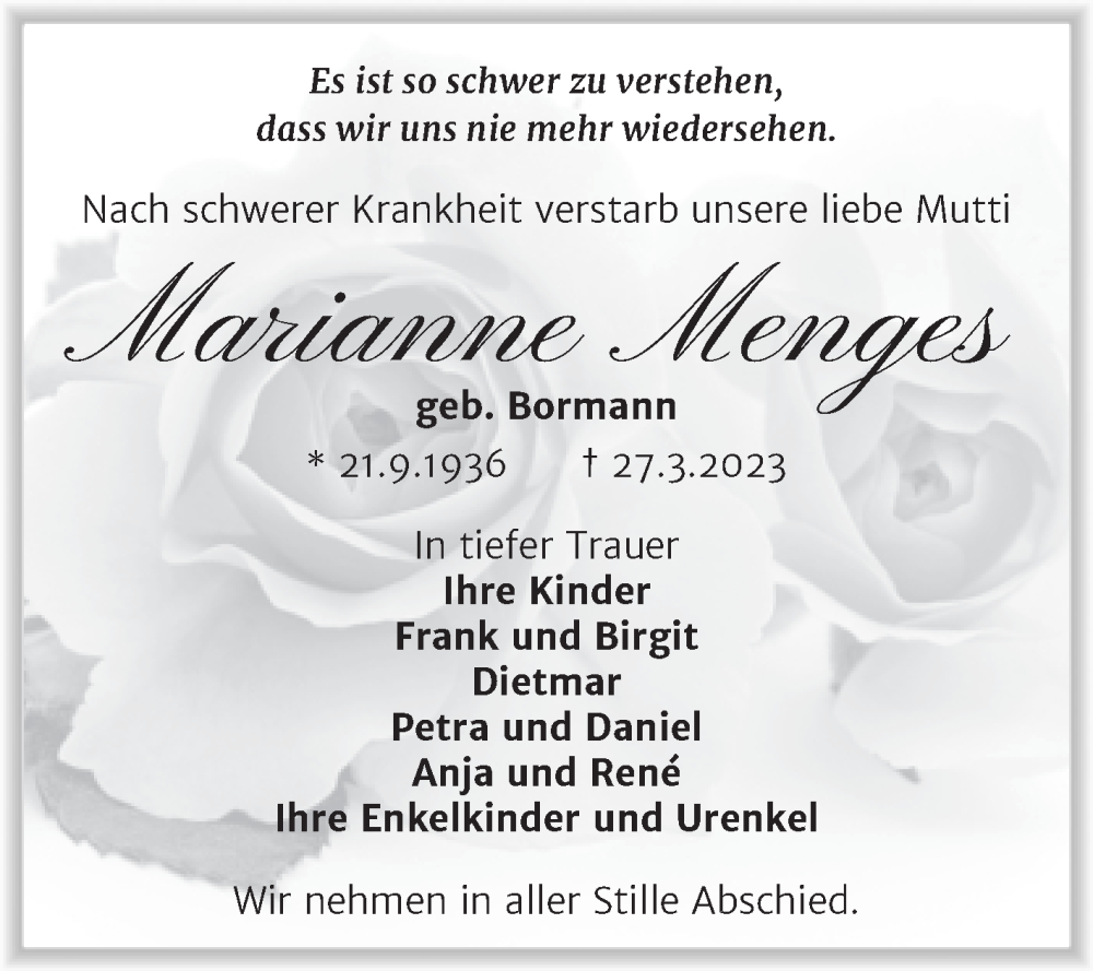  Traueranzeige für Marianne Menges vom 05.04.2023 aus Trauerkombi Weißenfels
