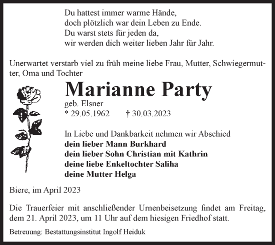 Traueranzeige von Marianne Party von Volksstimme Schönebeck