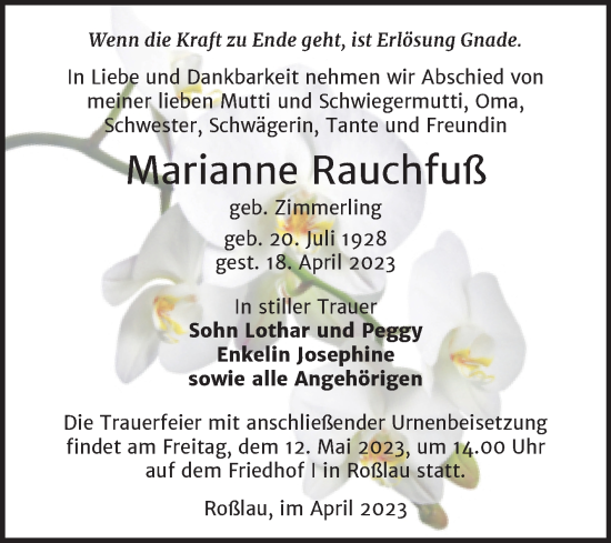 Traueranzeige von Marianne Rauchfuß von Super Sonntag Dessau-Roßlau