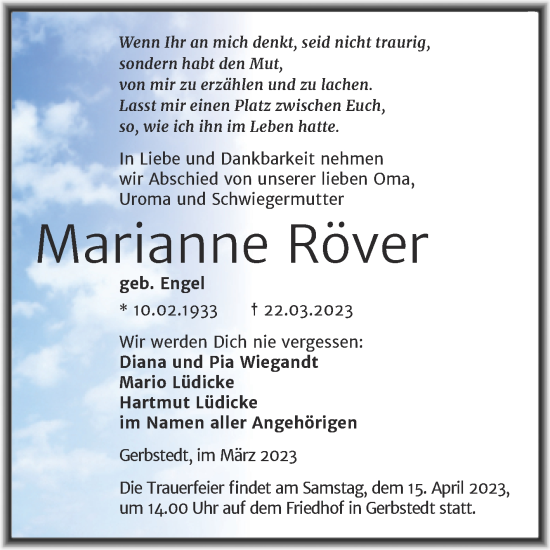 Traueranzeige von Marianne Röver von Trauerkombi Mansfelder Land