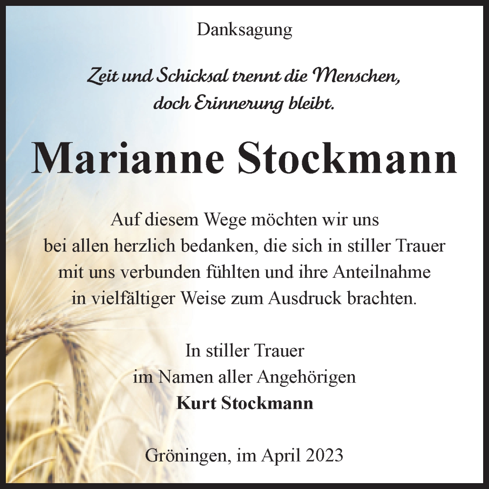  Traueranzeige für Marianne Stockmann vom 29.04.2023 aus Volksstimme Oschersleben/Wanzleben