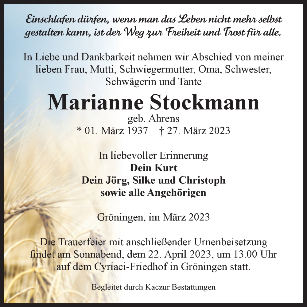  Traueranzeige für Marianne Stockmann vom 01.04.2023 aus Volksstimme Oschersleben/Wanzleben