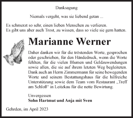 Traueranzeige von Marianne Werner von Volksstimme Zerbst