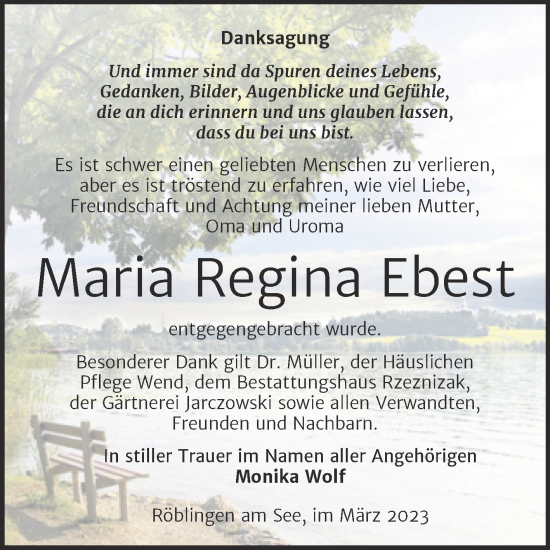 Traueranzeige von Maria Regina Ebest von Trauerkombi Mansfelder Land