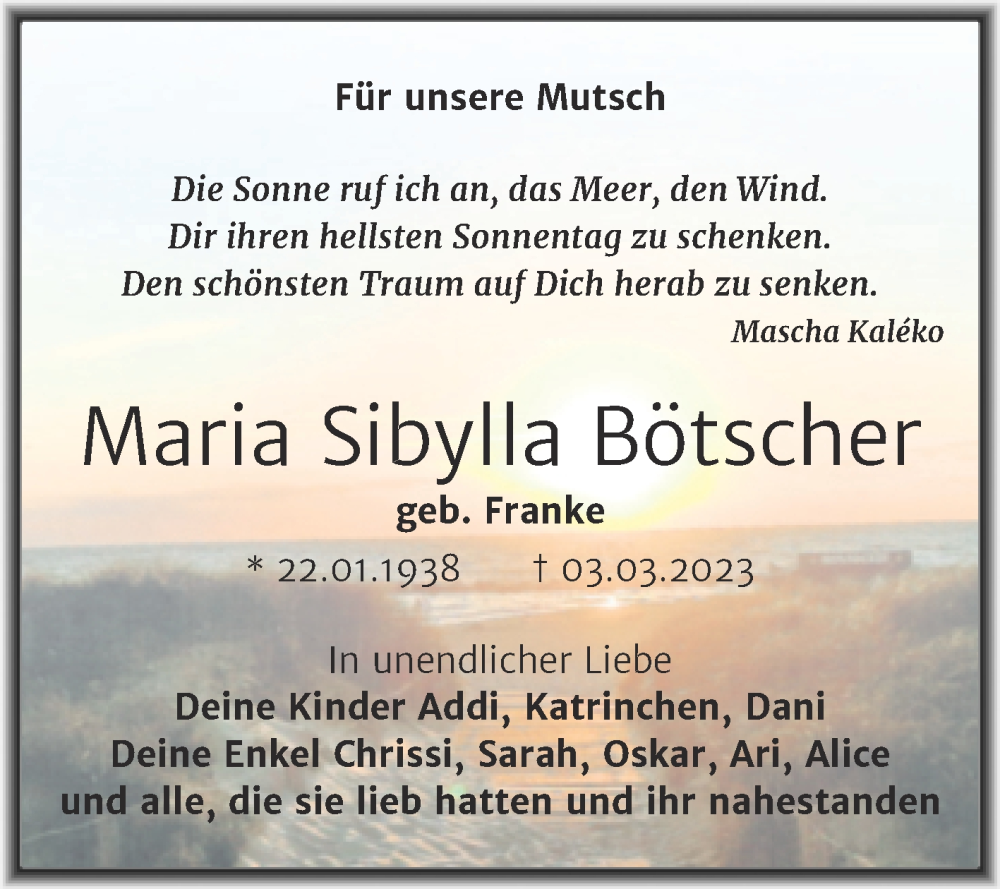  Traueranzeige für Maria Sibylla Bötscher vom 01.04.2023 aus Mitteldeutsche Zeitung Halle/Saalkreis