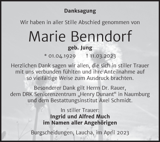 Traueranzeige von Marie Benndorf von Wochenspiegel Naumburg/Nebra