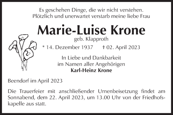 Traueranzeige von Marie-Luise Krone von Volksstimme Haldensleben/Wolmirstedt