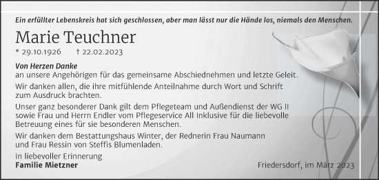 Traueranzeige von Marie Teuchner von Trauerkombi Bitterfeld