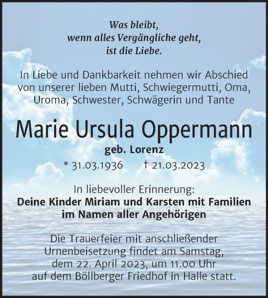 Traueranzeige von Marie Ursula Oppermann von Mitteldeutsche Zeitung Halle/Saalkreis