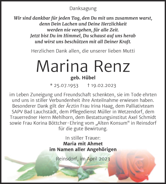 Traueranzeige von Marina Renz von Wochenspiegel Naumburg/Nebra