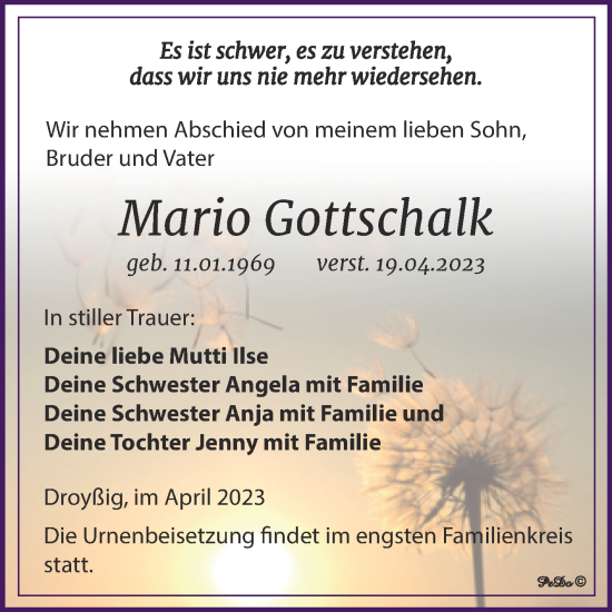 Traueranzeige von Mario Gottschalk von Trauerkombi Zeitz