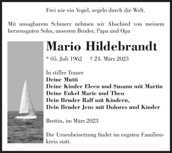 Traueranzeige von Mario Hildebrandt von Volksstimme Burg/Genthin