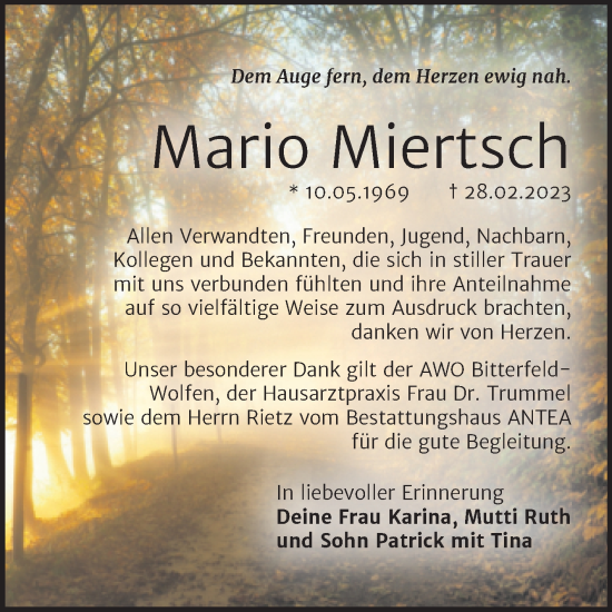 Traueranzeige von Mario Miertsch von Trauerkombi Bitterfeld