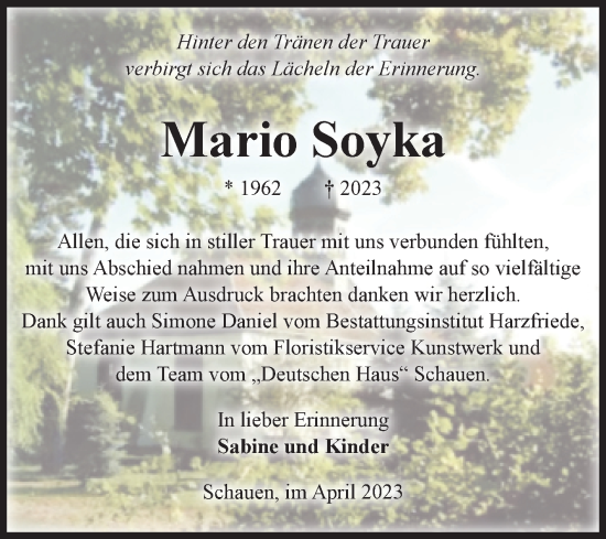 Traueranzeige von Mario Soyka von Volksstimme Halberstadt
