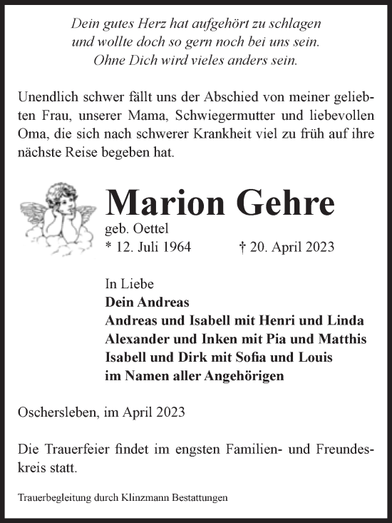 Traueranzeige von Marion Gehre von Volksstimme Oschersleben/Wanzleben