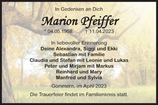 Traueranzeige von Marion Pfeiffer von Volksstimme Burg/Genthin
