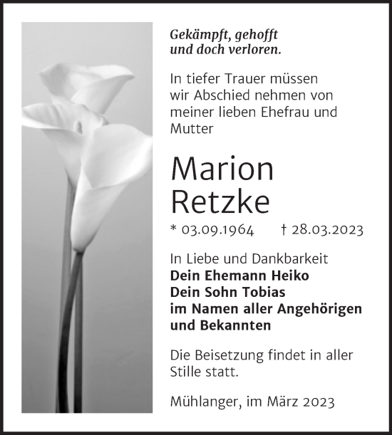 Traueranzeige von Marion Retzke von Trauerkombi Wittenberg
